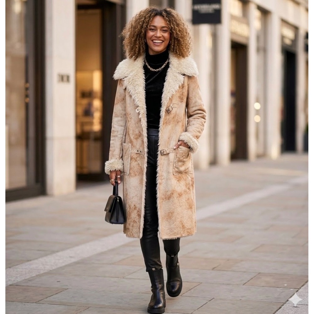 Armani Jeans Y2K‎ Faux Suede Faux Fur Midi Jacket Long Coat Parka Tan Size 10